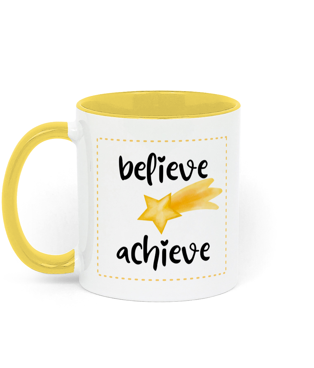 Believe, Achieve 11 oz two-tone mug. Daily Affirmations, Motivation, Inspiration. Perfect Gift. yellow