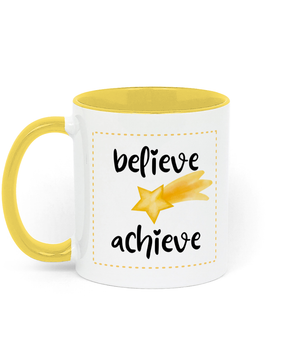 Believe, Achieve 11 oz two-tone mug. Daily Affirmations, Motivation, Inspiration. Perfect Gift. yellow