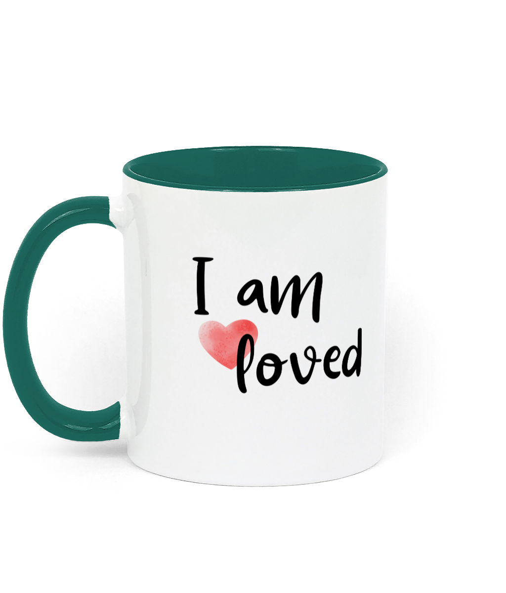 I Am Loved. .11 oz mug. Daily Affirmations, Motivation, Inspiration. Perfect Gift. Two-Toned. Green.