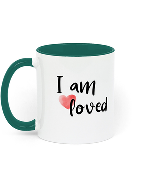 I Am Loved. .11 oz mug. Daily Affirmations, Motivation, Inspiration. Perfect Gift. Two-Toned. Green.